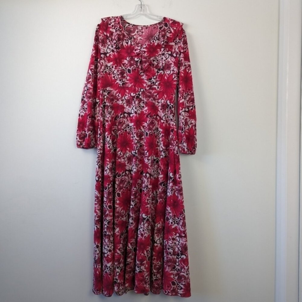 Floral Red Crushed Velvet Maxi Dress with Long Sleeves Approximate size M